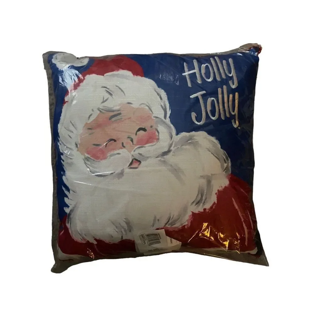 Holly Jolly Santa Claus Christmas Throw Pillow Holiday Decor Blue Red New